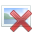 Pixelated red X-shaped object with four rounded arms against a framed background of blue sky, green landmass, and light gray border.