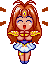 Pixel art character with long brown hair, blue eyes, and a yellow gem on forehead, wearing blue and white dress with yellow accents, hands clasped in front, surrounded by brown motion lines.