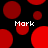 Black background with scattered red circles of varying sizes, four instances of the text 'Mark' in white pixelated font, and two red semicircles in the center.