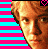 Pixelated portrait of a person with light brown hair against pink and cyan striped background, featuring text 'peter pan' at bottom left.