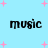Light blue background with scattered pink plus signs and four instances of the word 'music' in black pixelated text arranged in a