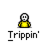 Animated contact sheet of a pixel art buddy icon showing sequential frames with a stick figure character and floating ghost-like symbols above it, all labeled "Trippin'" below each frame.