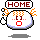 Pixel art of a round character with orange hair, red eyes, and a square mouth under 'HOME' text; left version has dark red text, right has pink.