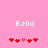 Pixelated pink background with white text 'Bella' above two of red and light-red heart icons