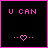 Animated sequence of five black square with pink borders, each displaying text and a heart symbol in pixelated style