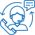 Blue line art icon of a person wearing headphones with a speech bubble and circular arrows around them on a light gray background.