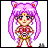 Pixelated character with long purple hair, cat ears, red eyes, and a red forehead gem, standing against white background with black text on right.
