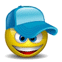 Yellow circular face with blue cap, red mouth, and blue eyes showing varying eye shapes across four