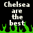 Pixelated text 'Chelsea are the best' in white on black background with green flame-like shapes at bottom