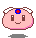 Pixelated pink blob with brown outline, white wing-like ears, blue square head symbol containing red cross; four variations show mouth and eye expressions changing.