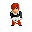 Pixel art character with red hair in three distinct poses across a , wearing dark green jacket, white shirt, and red pants on gray background
