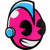 Pixelated pink character with black eyes and mouth, wearing blue headphones against white background.