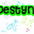 Green rectangular banner with black text reading 'Destyn' above a white background featuring pixelated blue, yellow, and pink shapes.