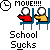 Pixel art of two stick figures in chairs with a clock, text reading 'MOVE!!!!!' and 'School Sucks', red and yellow clothing on gray background.