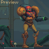 Pixel art character in brown and red armor holding a large weapon, standing on a platform with green structures against a blue industrial background.