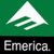 Green and black graphic with white stylized 'M' symbol above 'Emerica.' text, adjacent to pixelated green-and-yellow striped background showing partial figure.