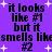 Purple background with white starbursts and black pixelated text repeating "it looks like #1 but it smells like #2" in a pattern