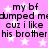 Pixelated text on a pink background with white stars, repeating 'my bf dumped mdumped me cuz i like his brother' in two