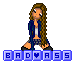 Pixel art of a female character with long brown hair, blue jacket, white crop top, and gray shorts kneeling on a gray background with blue text blocks below.