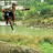 A person in a green shirt and dark shorts rides a bicycle across a grassy field with blurred background elements.