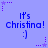 Pixelated blue background with repeated text and star motifs in purple, featuring 'It's Christina! :)' in dark blue pixel font.