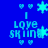 Blue background with light blue pixelated text "I love skiing" surrounded by hearts and snowflakes, animated to shift positions.