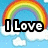 Pixelated rainbow arch over light blue sky with white clouds, displaying partial text fragments across four