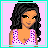 Pixel art contact sheet showing a female character in multiple frames with text elements on pink backgrounds.