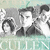 Pixelated grayscale image of three figures with dark hair and light clothing against a pale green background, featuring partial text at the bottom.