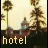 Animated sequence showing a static landscape with trees and a building, where text below changes from 'hotel' to 'california' across frames.