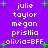 Purple background with green plus signs and white text listing names and 'olivia=BFF' in two vertical