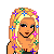 Pixel art contact sheet showing multiple frames of a blonde cartoon character with colorful hair decorations and blue jeans, alongside text stating 'not ALL blondes are dumb!!!'