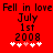 Red background with black text reading 'Fell in love July 1st 2008' and five white/pink hearts below, two versions side-by-side.