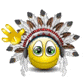 Yellow circular face with green eyes and brown feather headdress, waving hand in motion sequence.