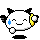 Pixel art character with white face, black ears, blue tear drop on left cheek, yellow ear accessory, and smiling expression.