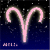 Animated contact sheet of six frames showing a glowing Aries zodiac symbol with color variations against a starry night background.