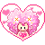 Pink heart-shaped icon with a cartoon character holding hearts, surrounded by pink sparkles and small white hearts on gray background.