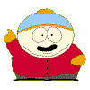 Animated South Park character in red jacket and blue hat performing multiple actions including waving, turning, and changing expressions against gray background.