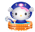 Hello Kitty character in blue diving helmet with pink bow, seated in orange basket filled with water, holding white fan-like object.