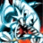 Pixelated anime-style character with blue and white hair, red eyes, and an open mouth showing teeth against a black background.