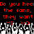 Red pixelated text on black background with repeated phrases and smiley faces above a crowd of raised hands.
