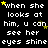 Black background with white pixelated text repeating 'when she looks at him, u can see her eyes shine' and scattered yellow stars.