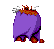 A pixelated orange devil-like creature with purple wings and a red body transitions through multiple poses against a gray background.