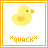 Pixelated yellow duck with orange beak and chest patch, framed by double border on white background, text 'quack' below in pixel font.