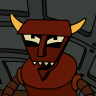 A pixelated cartoon character with a red face, yellow horns, and a wide grin showing sharp teeth, set against a dark gray background with angular lines.