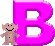 Two identical pixelated figures with white hair and black smiles stand beside large pink B letters on a gray background.
