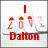 Red vertical bar above red text 'Dalton' with pixelated numbers and symbols on white background.