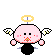 Pixel art character with pink or black body, white wings, yellow halo, and small red mouth details in multiple poses including explosion effects.