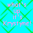 Pixelated text 'what's up it's Krystyne!' in pink on cyan background with green diamond lattice pattern.