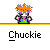 Pixel art character with orange spiky hair and purple eyes, wearing blue shirt with green and purple accents, holding a small object, displayed in multiple poses with 'Chuckie' text below.